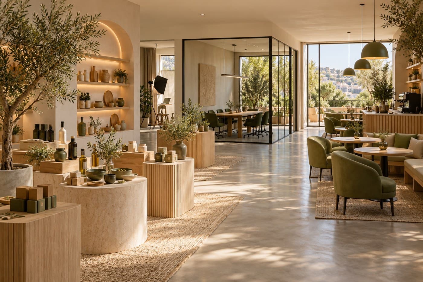 Concept interior with exhibition stands, meeting spaces and café seating